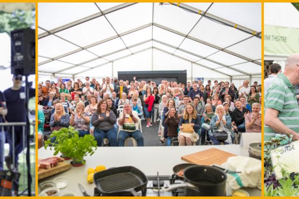 Collage of Cheltenham Food & Drink Festival, food served, live demonstrations, food stalls.