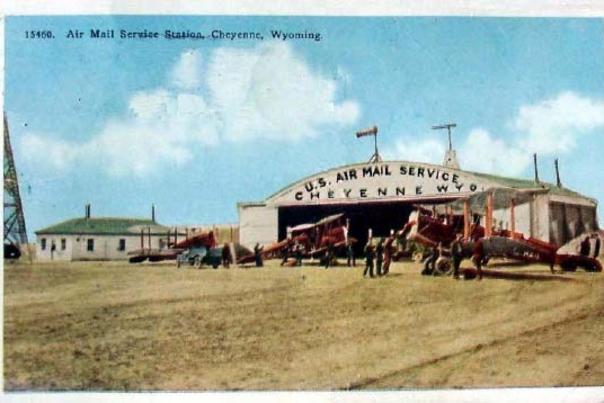 1927 Postcard featuring the US Airmail Service hanger in Cheyenne, Wyoming