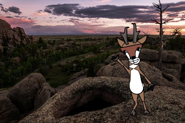 Illustrated pronghorn antelope named Andy Lope stands atop a rock formation in Vedauwoo Recreation Area in Southeastern Wyoming, near Cheyenne.