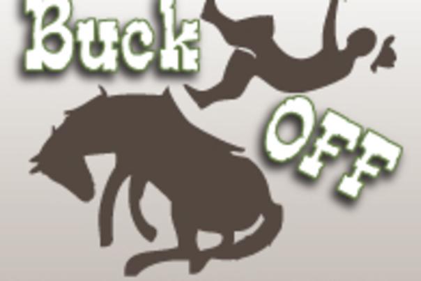 Logo of the Buck Off Cheyenne Savings Pass featuring a silhouette of a bucking bronco and a falling rider holding money.