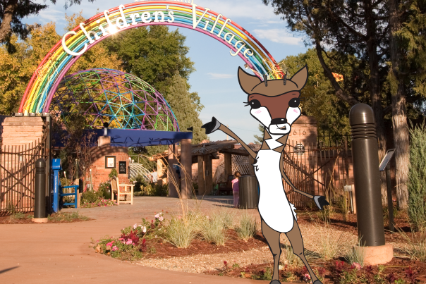 Illustrated pronghorn antelope (named Lil' Shy Anne) stands in front of the Paul Smith Children's Village in Cheyenne, Wyoming.