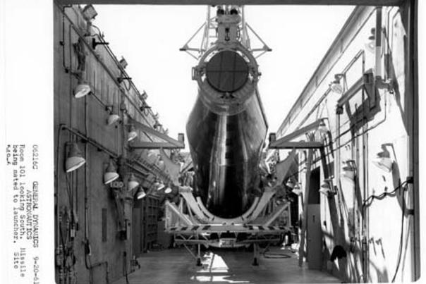 ATLAS ICBM, GENERAL DYNAMICS ASTRONAUTICS, ROOM 101 LOOKING SOUTH. MISSILE BEING MATED TO LAUNCHER. SITE 549-6, Cheyenne, Wyoming