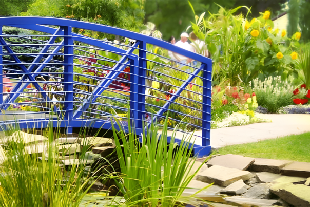 A photo of a blue bridge at the Cheyenne Botanic Gardens.