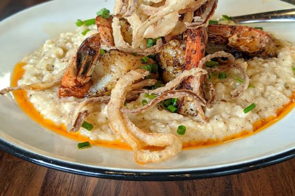 tight shot of shrimp and grits at libby's southern comfort restaurant in covington ky
