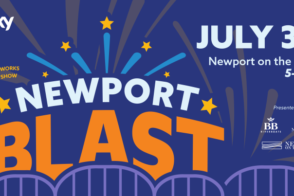 A colorful logo reads Newport Blast, with blue fireworks erupting from orange and white words over a purple bridge