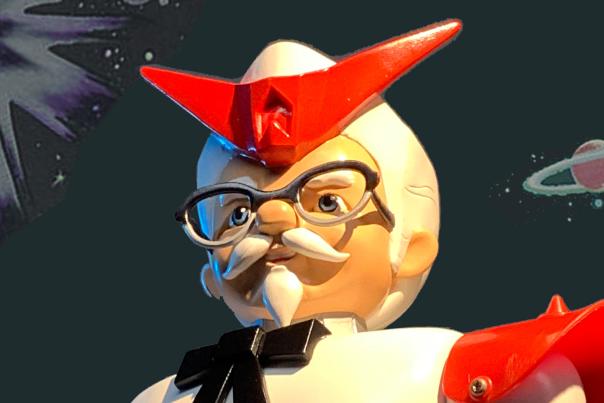 A rendering of a mural feature Colonel Sanders in outerspace gear