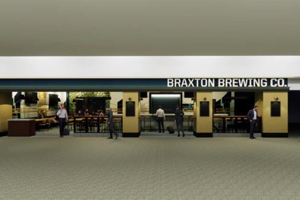 A rendering of the forthcoming Braxton Brewing Co. CVG taproom featuring travelers at the airport walking into the bar, which has large TVs and bar tables.