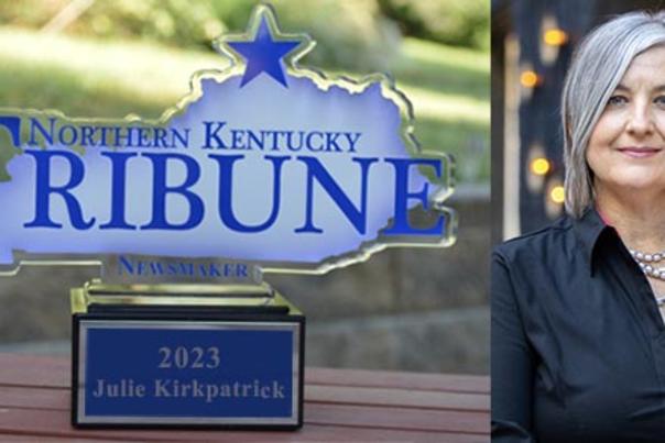 A photo of the Northern Kentucky Tribune's 2023 NewsMaker award is juxtaposed next to a photo of Julie Kirkpatrick