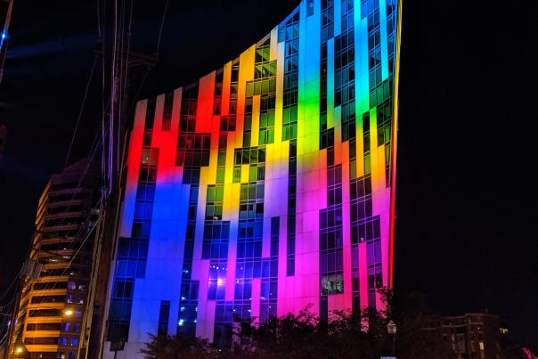The Ascent in Covington Ky, lighted up in rainbow colors for the BLINK festival