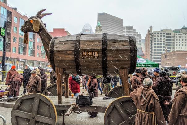 A large wooden goat with a beer barrel torso as a float in the Bockfest parade