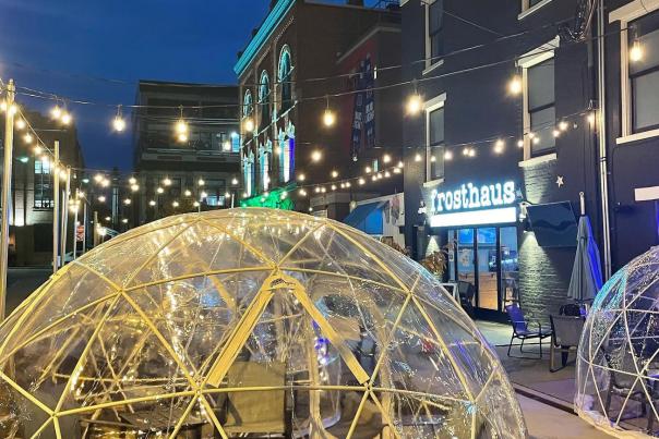 Plastic igloos for outdoor dining at Frosthaus in Covington, Ky