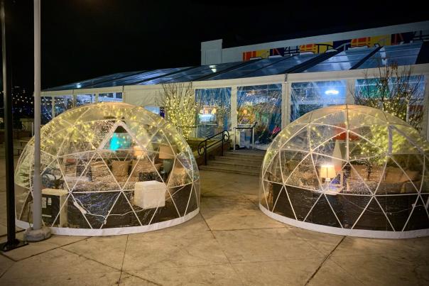 Two igloos at night on Newport on the Levee for enjoying drinks from Kon Tiki
