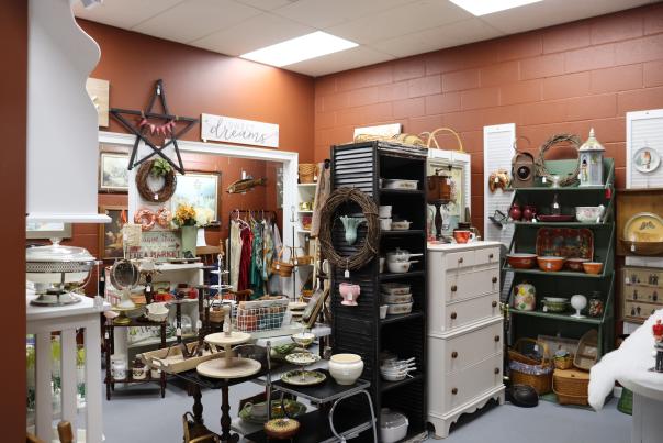 Goods for sale at booth in Antique Store