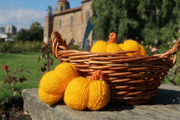 Knitted Pumpkins in front of Colchester Castle