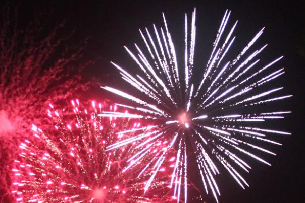 Red and white firework burst in night sky