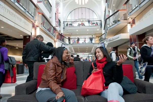 Students talking at the Ohio Union on Ohio State's campus.