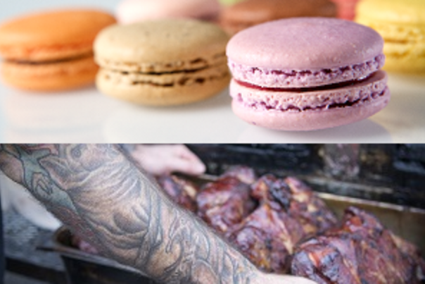 Photo collage of macarons and BBQ from Pistacia Vera and Ray Ray's Hog Pit, both 2020 James Beard Award nominees