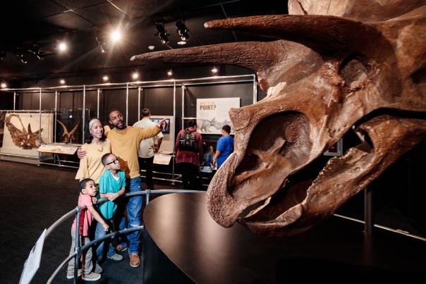 Family with children admiring Triceratops dinosaur skeleton at COSI