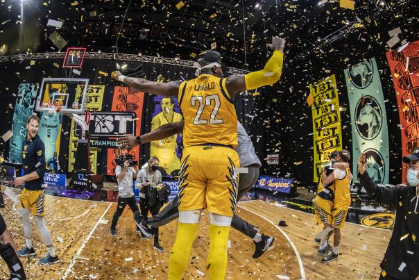A player is showered with confetti at the TBT Championship 2020 in Columbus