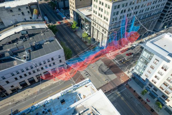 An aerial view of Current by Janet Echelman