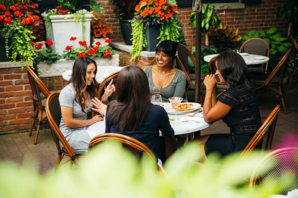 Group of friends dining at Lindey's in German Village
