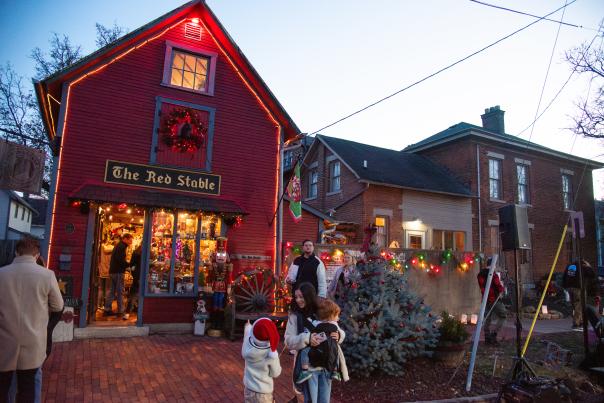 The Red Stable in German Village at Christmas