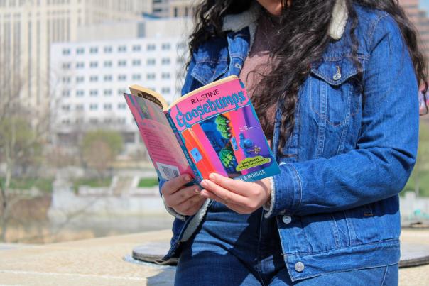 Reading a Goosebumps Book on the Scioto Mile