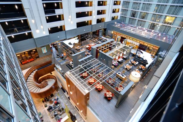 A view looking over the lobby and the Gallerie Bar & Bistro at the Hilton Columbus Downtown