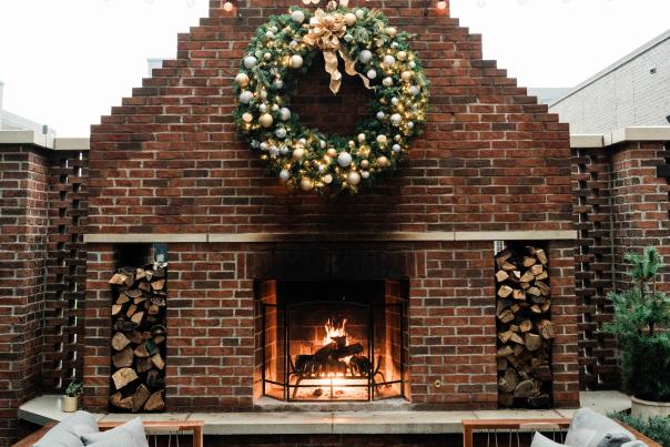 Ourdoor fireplace on The Junto's rooftop