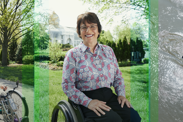Header with three photos of Rosemarie Rossetti. Rosemarie bike riding on the left, posing in wheelchair in the middle, and kayaking on the right.