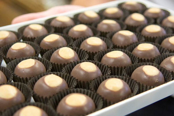 Tray of chocolate and peanut butter Buckeye treats from Krema Nut Company