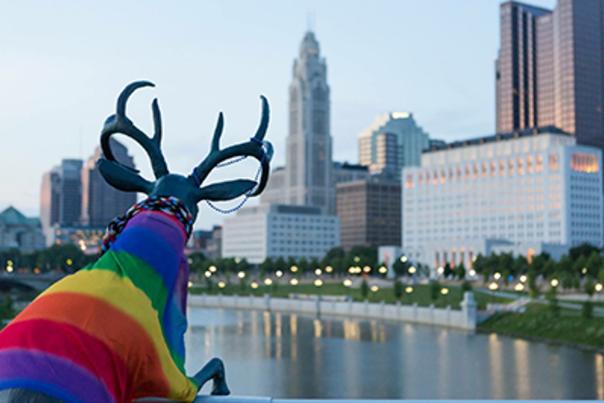 Sculpture Of A Deer In A Rainbow Sweater Looking At The City Of Columbus