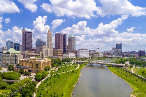 Columbus skyline and Scioto River in the summer