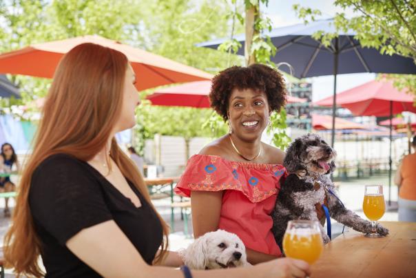 Two women with small dogs and beers outside Land-Grant Brewing Company