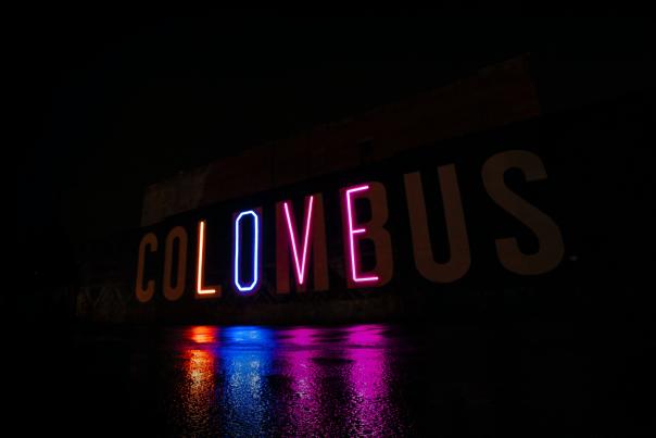 Columbus LOVE Mural lit at night