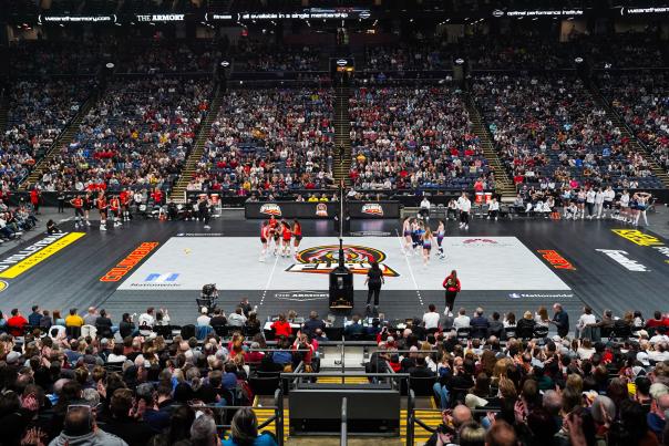 Columbus Fury volleyball court inside Nationwide Arena. Two teams prepare for the match