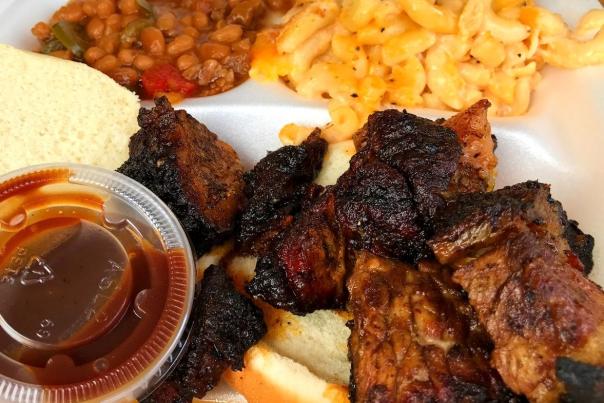 Classic soul food BBQ dish of meat, beans and mac & cheese from Red Door BBQ