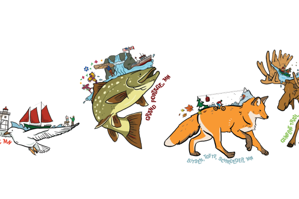 Sticker design for all four communities (seagull, lake trout, fox, moose)