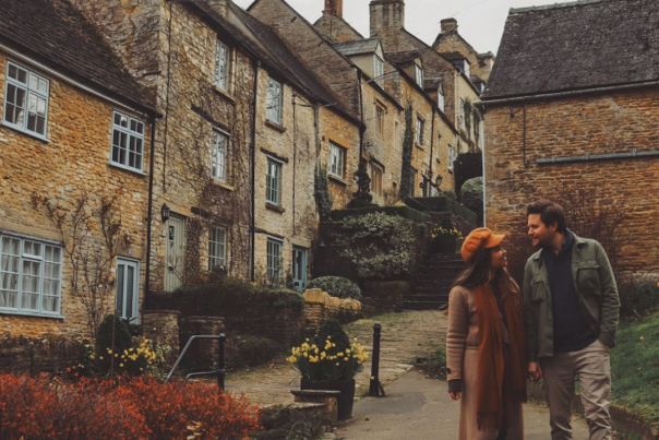 Steph & Tom, aka Bean & Bear, walk down the Chipping Steps in Tetbury