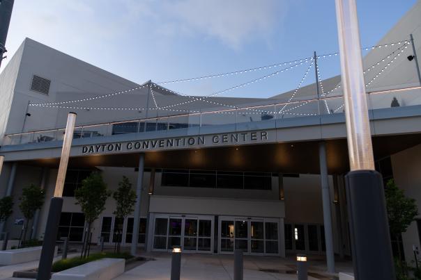 A view of the entrance of the Dayton Convention Center.