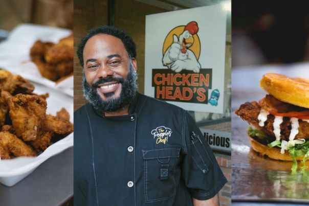 Images of chicken wings, the chef of Chicken Head's, and a gourmet chicken sandwich.
