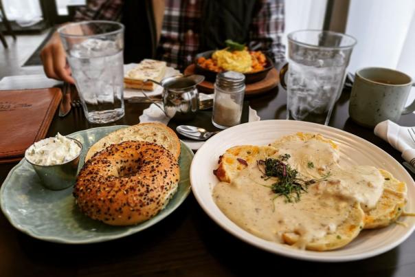 Plated Bagels and Biscuits with Gravy at a Dayton, OH restaurant