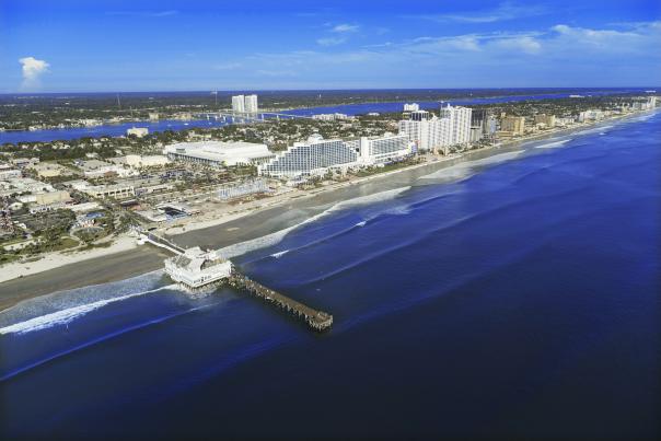 An aerial view of the Daytona Beach coastline and Main Street Pier