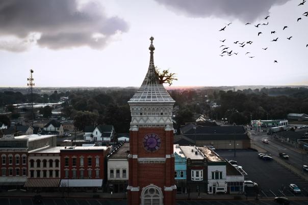 Aerial view of a small town. A red brick clock tower is central, with a tree sprouting from its spire. Bats fly in a cloudy sky, creating a serene yet mysterious mood.