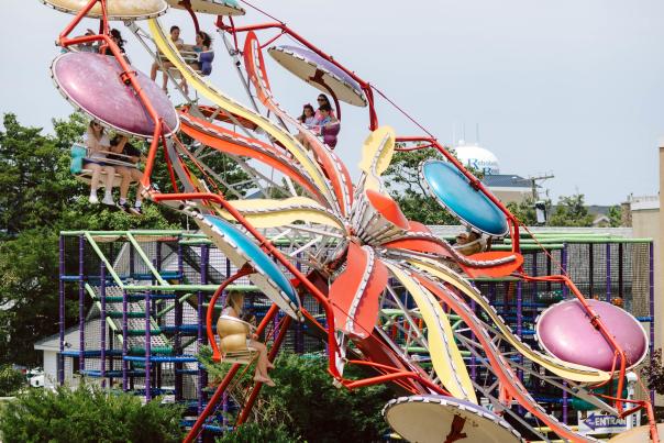 A spinning Ferris Wheel of umbrellas at Funland in Rehoboth Beach, Delaware.