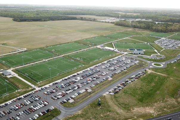 An aerial photo of the DE Turf sports complex in Frederica, Delaware.