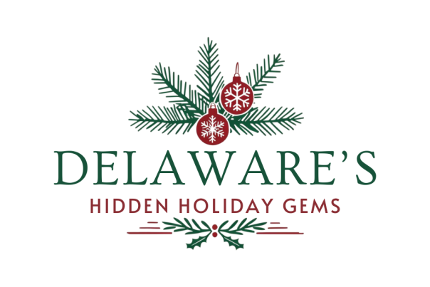 A logo with a holly tree branch and red ornaments that reads "Delaware's Hidden Holiday Gems"