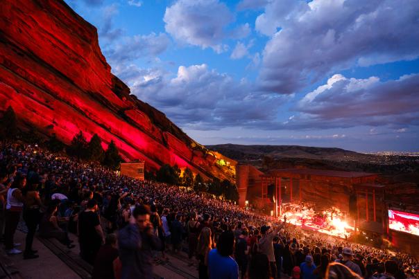 Fans enjoy a concert in the early evening at Red Rocks Ampitheatre.