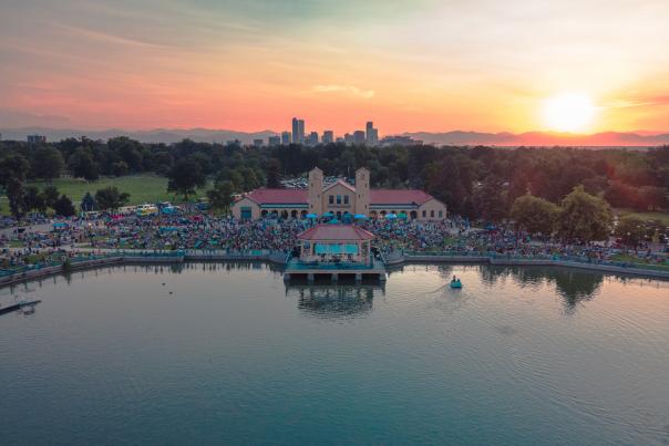 Aerial view of the lake and the crowd at City Park Jazz in Denver, Colorado.