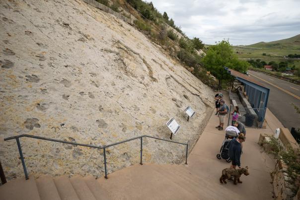 Several visitors and a dog are climbing the steps at Dinosaur Ridge in Denver, Colorado.